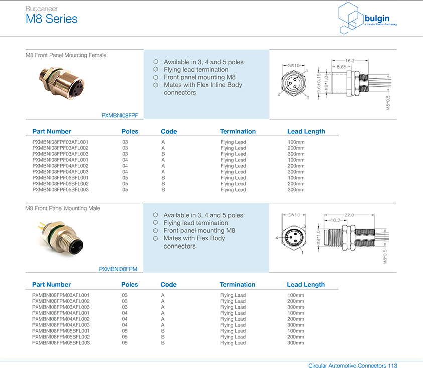M8 P型母頭前鎖面板焊線式圓形連接器選型