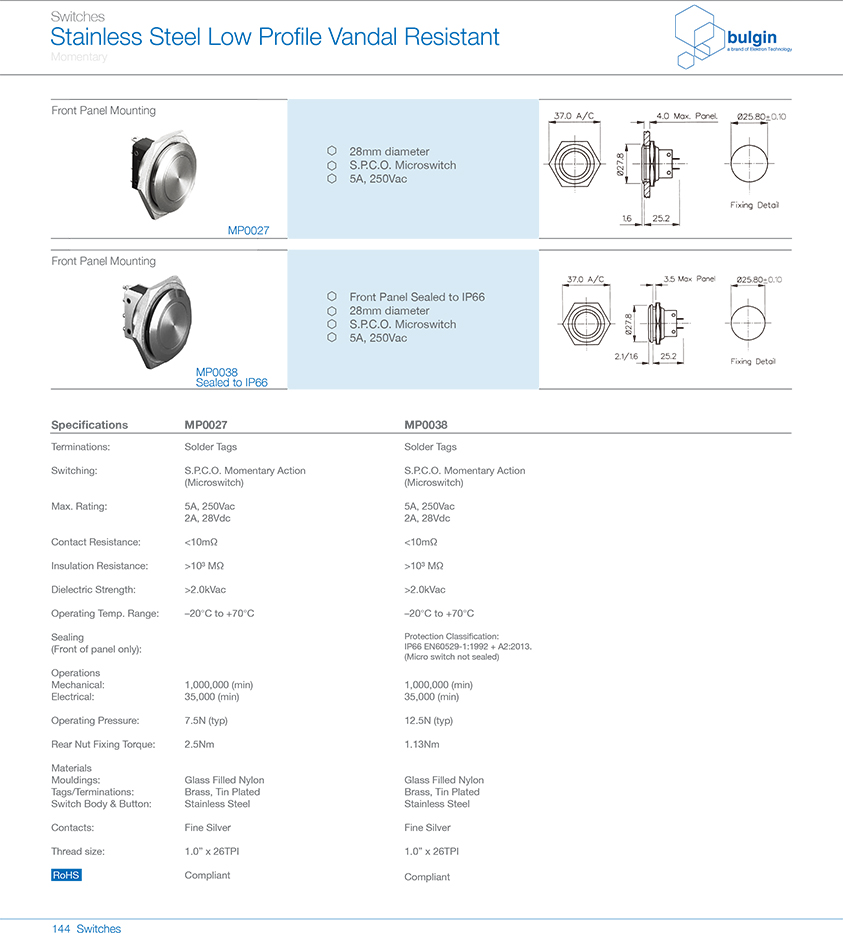 MP0038不銹鋼半球形防破壞按鈕開關(guān)選型