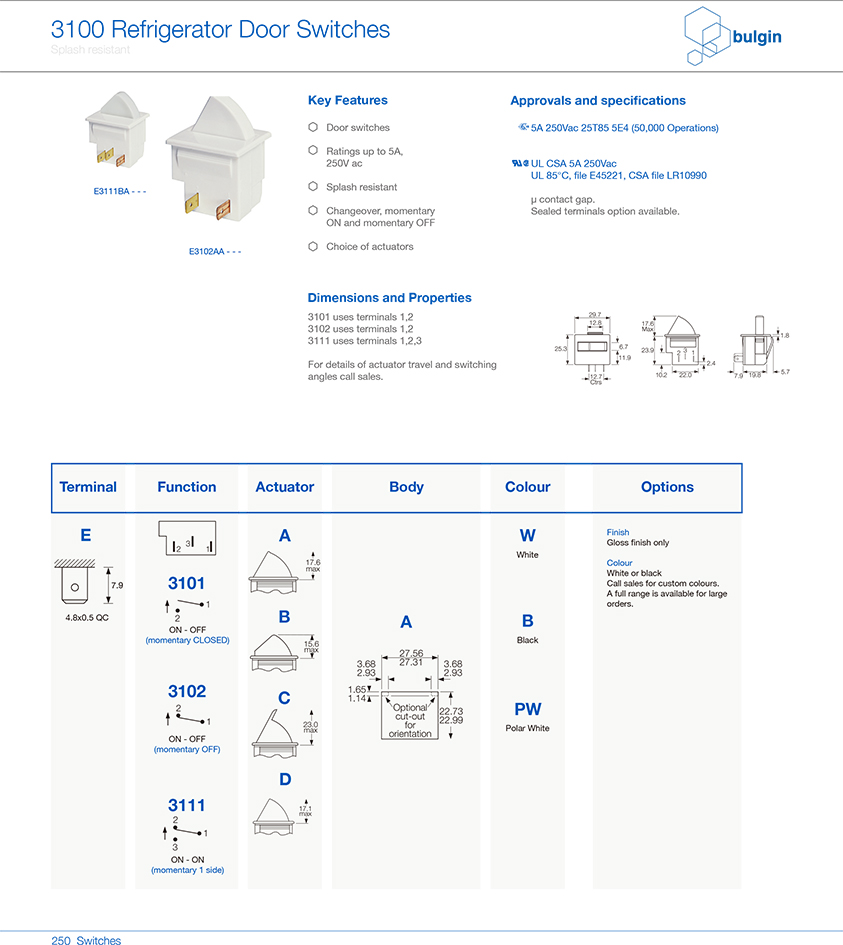 冰箱門開關3100系列選型 冰箱門開關3100系列選型